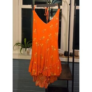 MINKPINK Floral Halter Romper Orange Ruffle Hem Tie Back‎ Size Small